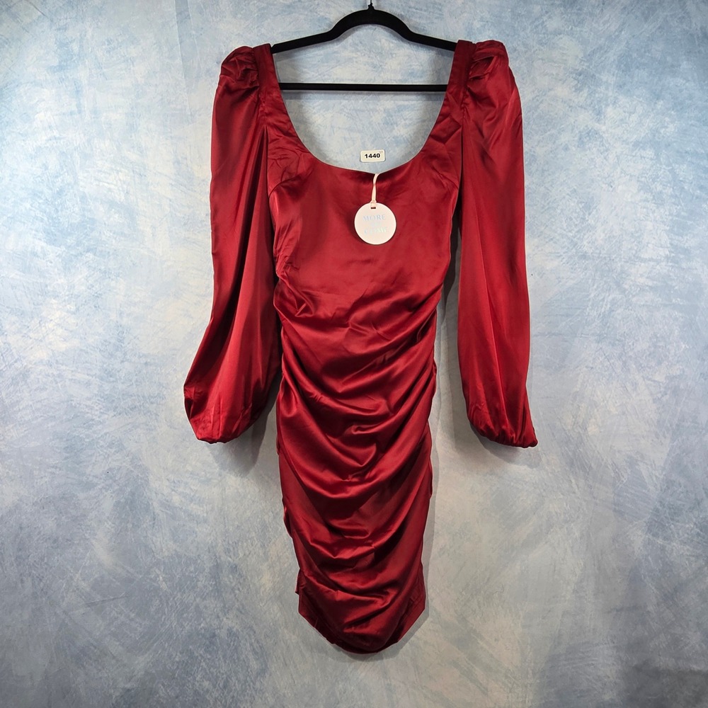 More To Come‎ Red Satin Ruched Puff Sleeve Mini Dress XS Square Neck Bodycon